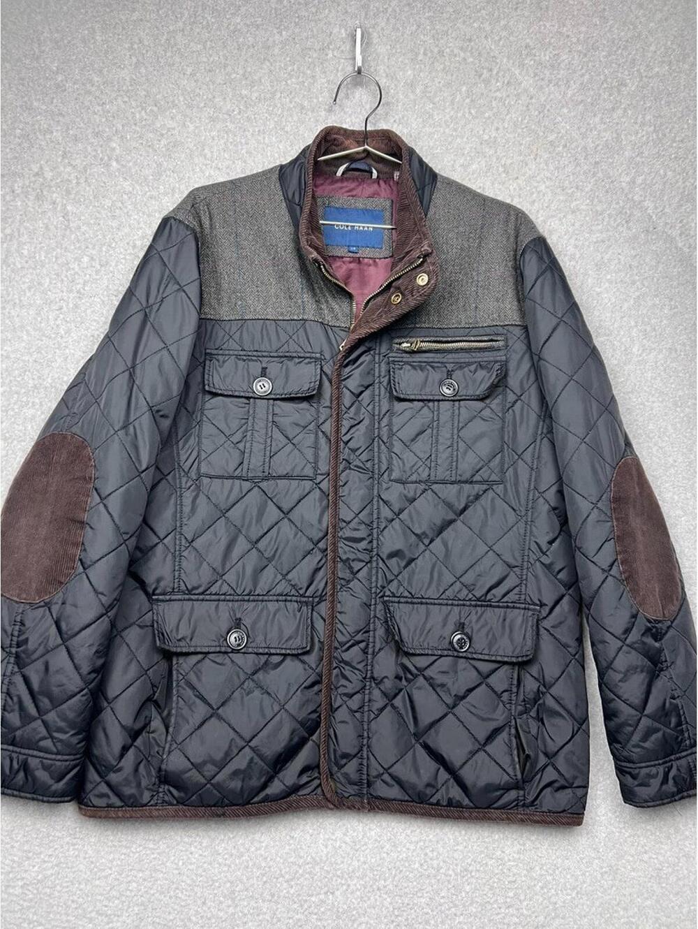 Cole Haan Mixed Media Quilted Jacket Mens Large Navy Herringbone Yoke Utility M